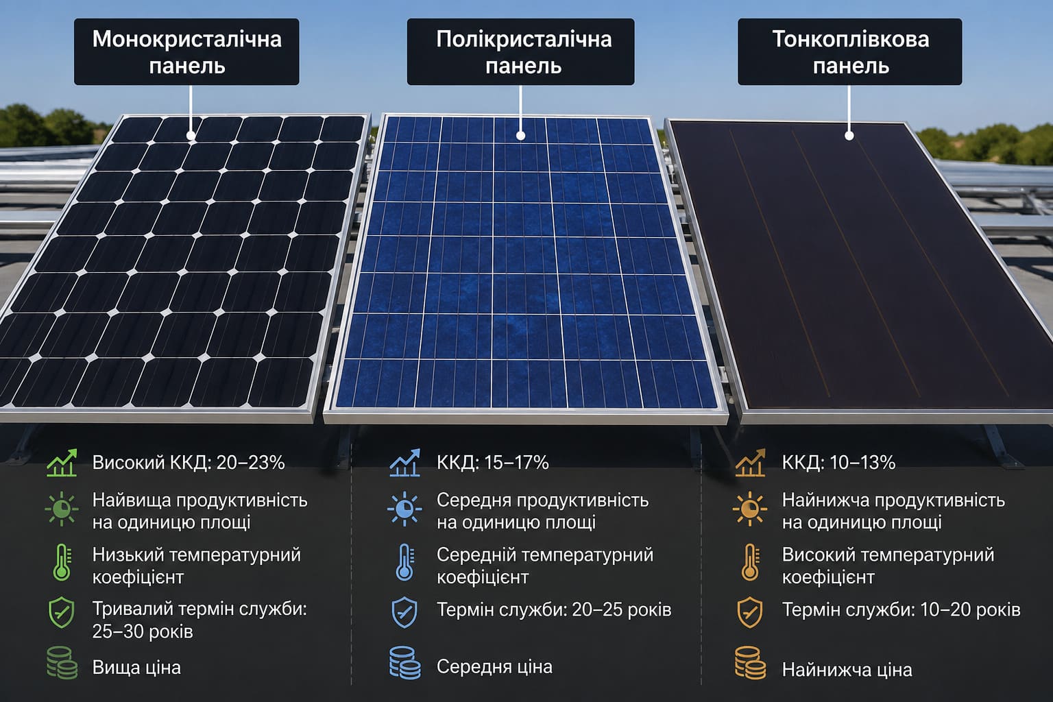 Порівняння монокристалічної, полікристалічної та тонкоплівкової сонячної панелі з підписами основних характеристик